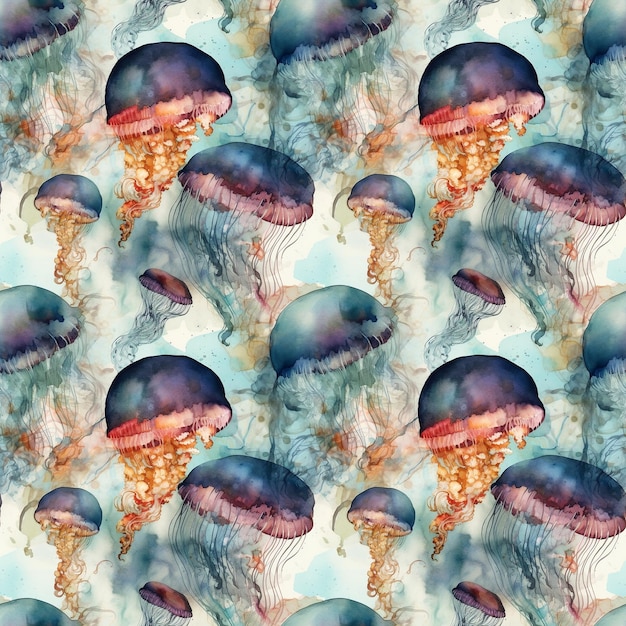 Watercolor jellyfishes seamless pattern Generated ai