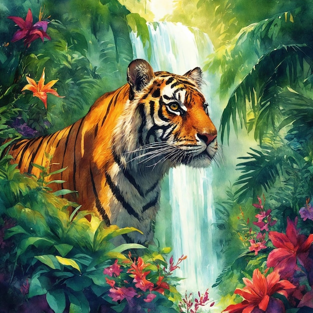 Watercolor jungle artwork with a tiger in a vibrant jungle with a waterfall