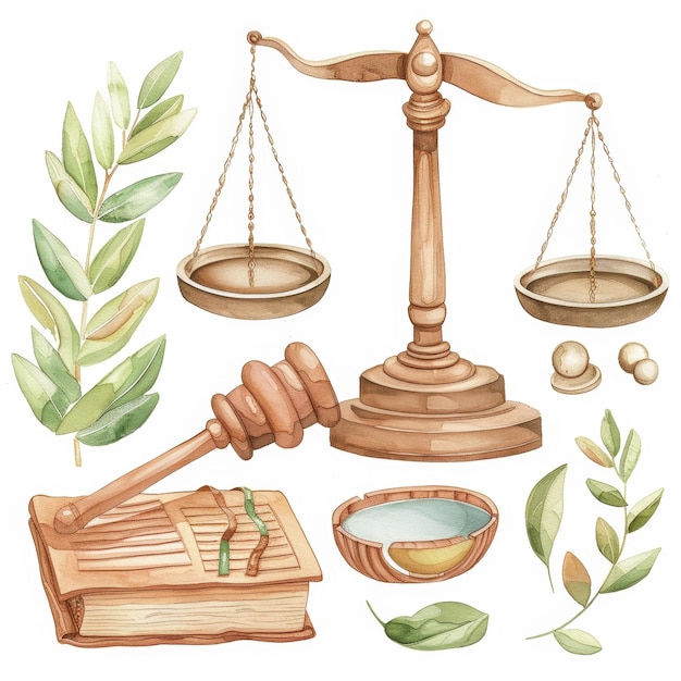 Photo watercolor justice elements scales gavel and law books for legal concept illustrations