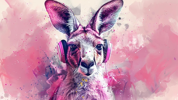 A watercolor kangaroo with headphones pastel splashes dreamy ethereal