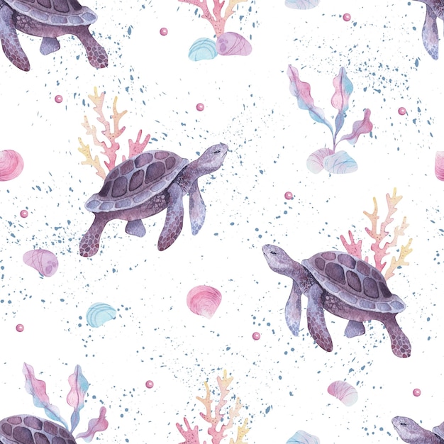 Watercolor kids seamless pattern Turtle coral shells illustrations marine animals holidays