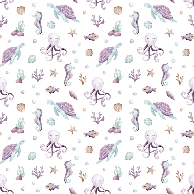 Watercolor kids seamless pattern Watercolor jellyfish seahorse coral illustrations marine animals For tshirt print wear design baby shower kids cards linens wallpaper textile fabric