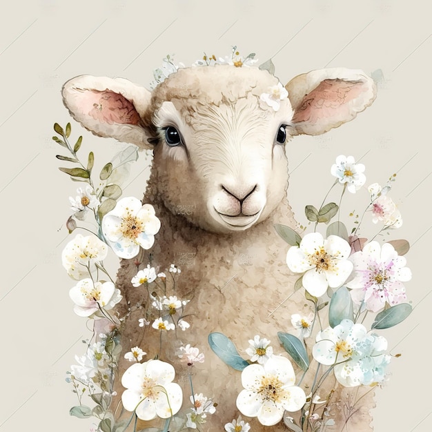 watercolor lamb flowers vintage