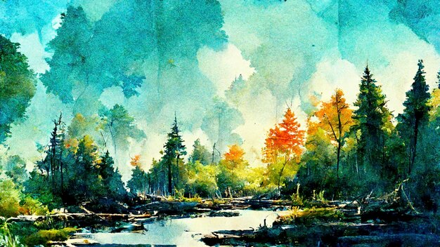 Watercolor landscape Coniferous forest and morning fog