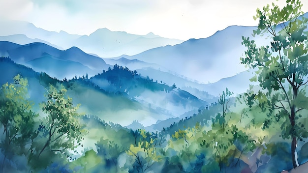 Watercolor landscape forest and mountain