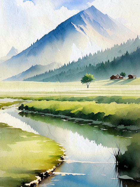 Watercolor landscape Painting Retro Illustration Reproduction