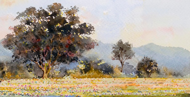 Watercolor landscape paintings panorama of flowers garden tree and farm field mountain forest