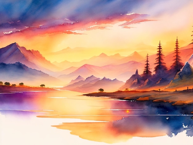 watercolor landscape scenery with sunset