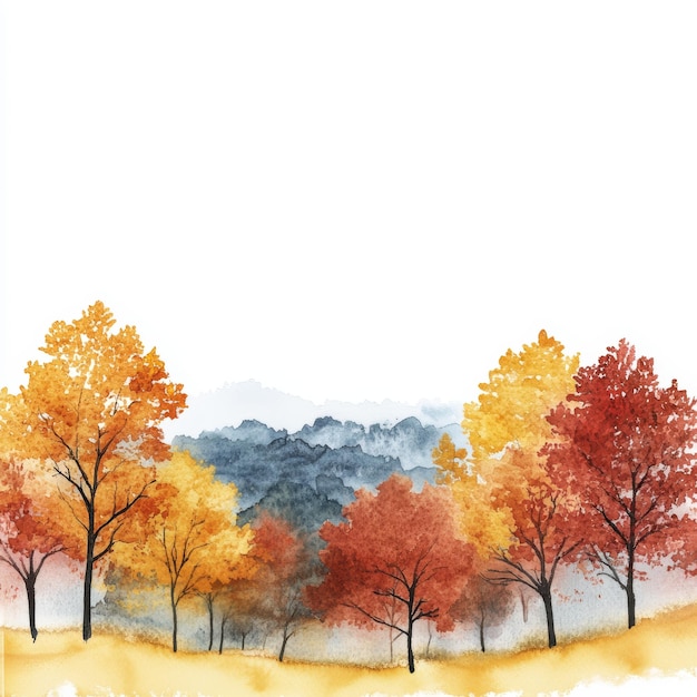 Photo watercolor landscape with fall colors on white background for autumn seasonal designs generative ai