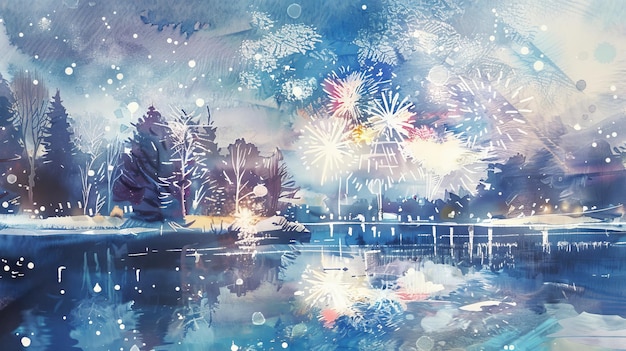 Watercolor landscape with fireworks over a lakeside town Concept of celebration holiday nighttime scenery festive art