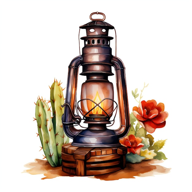 watercolor lantern western wild west cowboy desert illustration clipart