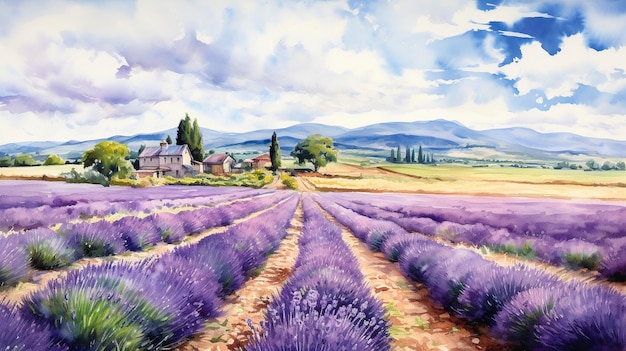 Watercolor Lavender Fields