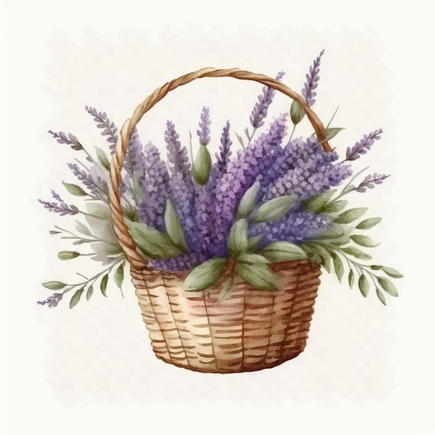 Watercolor lavender flowers in basket Illustration AI Generative