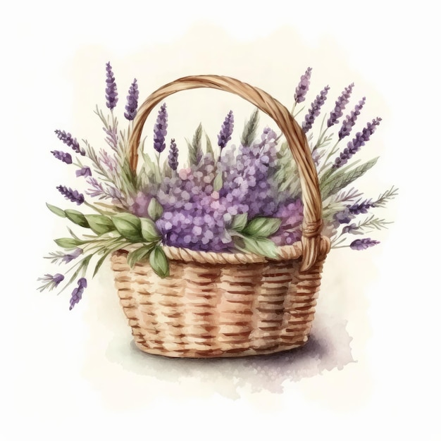 Watercolor lavender flowers in basket Illustration AI Generative