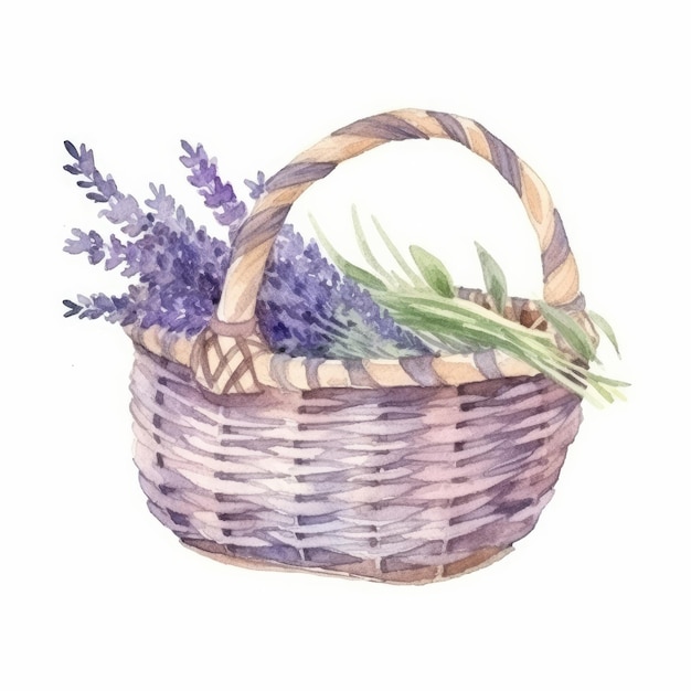 Watercolor lavender flowers in basket Illustration AI Generative