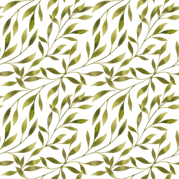 Watercolor leaves, branches on white background seamless pattern. Elegant floral repeat print. Romantic botanical design.