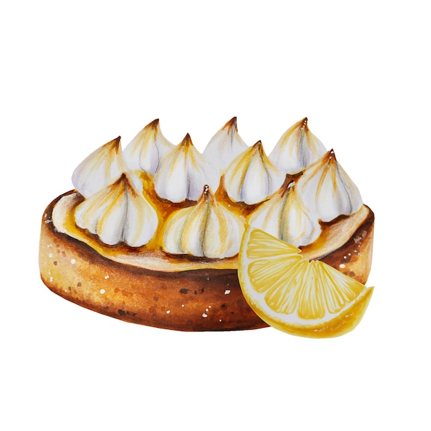 Watercolor lemon tart with meringues Hand painting sweet on a white isolated background For designer