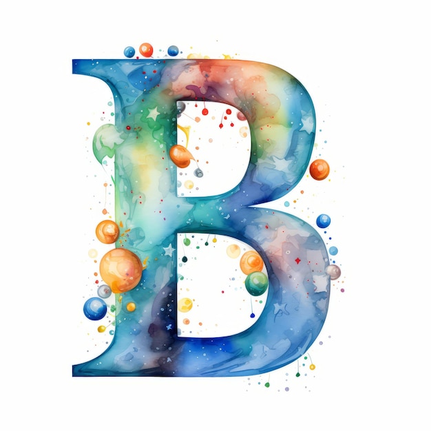 Watercolor letter B Hand drawn watercolor alphabet with stars and dots