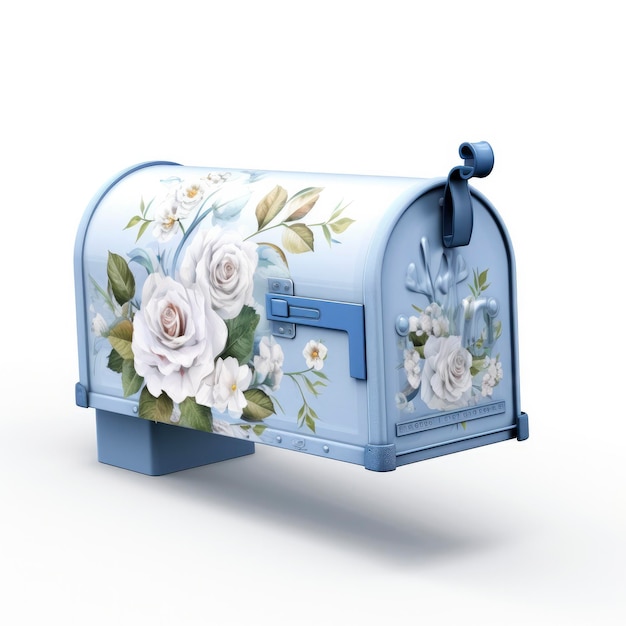 Watercolor light blue floral mailbox on a white background