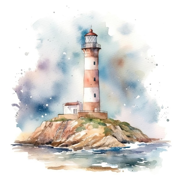 Watercolor of a lighthouse standing tall on a cliff by the ocean