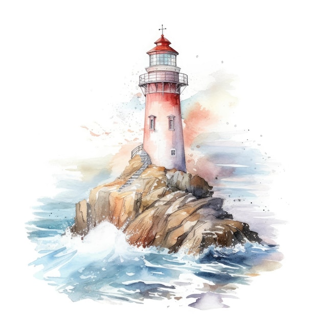 Watercolor of a lighthouse standing tall on a cliff by the ocean