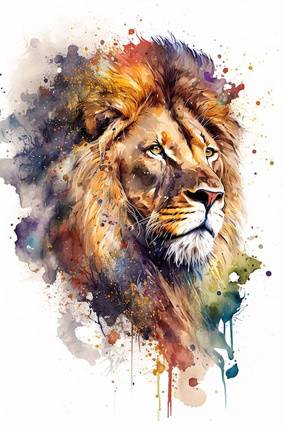 Watercolor lion cartoon style. Minimalist style, infinite color, particule effect hair. AI Generate