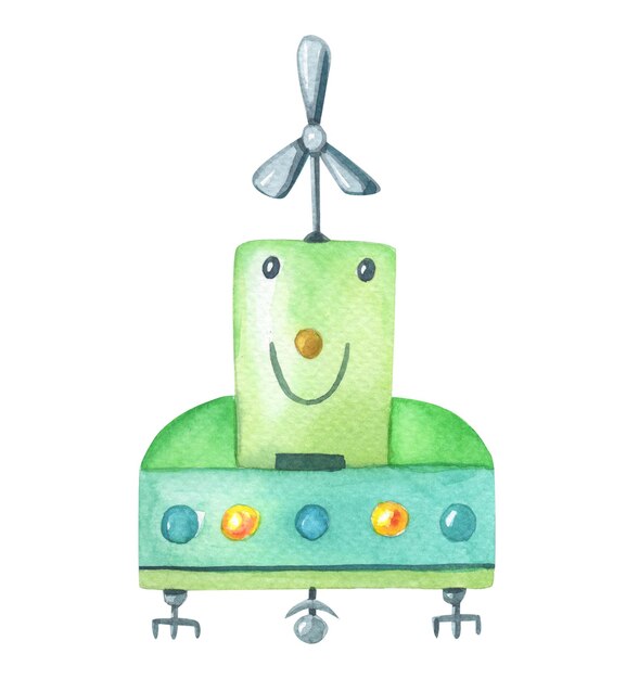 Photo watercolor little green robot with a propeller on white background.