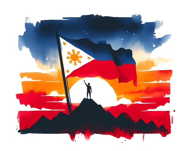 Watercolor llustration for philippines independence day with silhouette of a man on a mountain peak