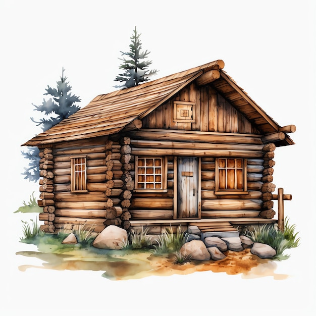 watercolor Log cabin western wild west cowboy desert illustration clipart