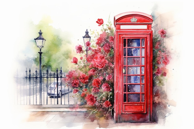 Photo watercolor london red telephone booth with flowers around