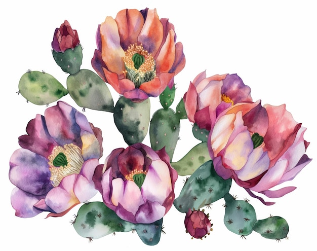 Watercolor Luxurious open cactus flowers with buds and halfopened flowers