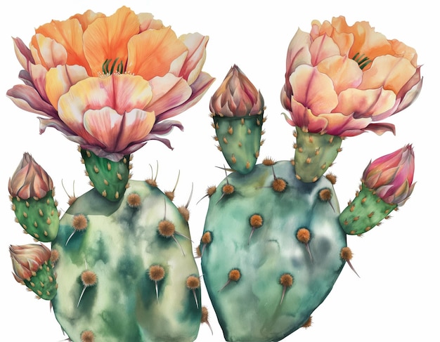 Watercolor Luxurious open cactus flowers with buds and halfopened flowers