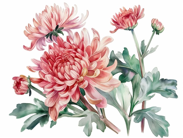 Watercolor Luxurious open chrysanthemums with buds and halfopened flowers and several leaves