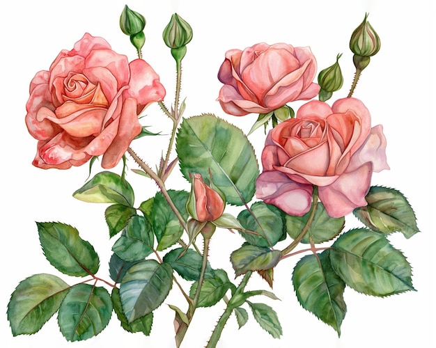 Watercolor Luxurious open roses with buds and halfopened flowers and several leaves