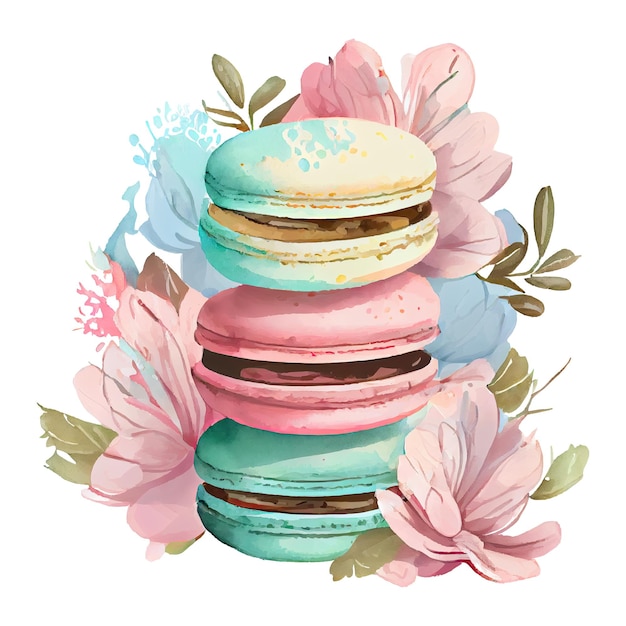 Watercolor macarons macaroons and flowers Sweet cake dessert Generative AI