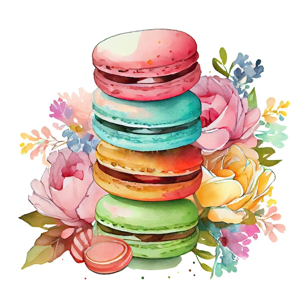 Watercolor macarons macaroons and flowers Sweet cake dessert Generative AI