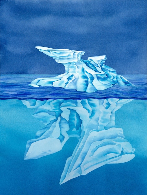 Watercolor magic iceberg in the blue sea against the blue sky with its underwater part.