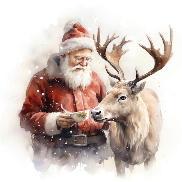 a watercolor of a man feeding a reindeer