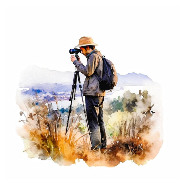 a watercolor man photographer with a forest on white background