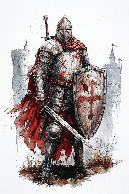 Photo watercolor of medieval knight clad in ornate armor with a sword