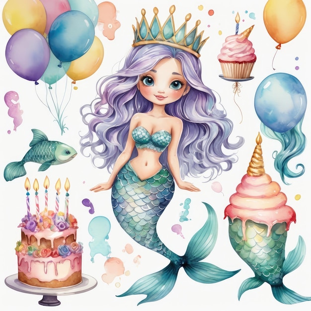 Watercolor Mermaids Birthday Clipart with illustration sea creatures