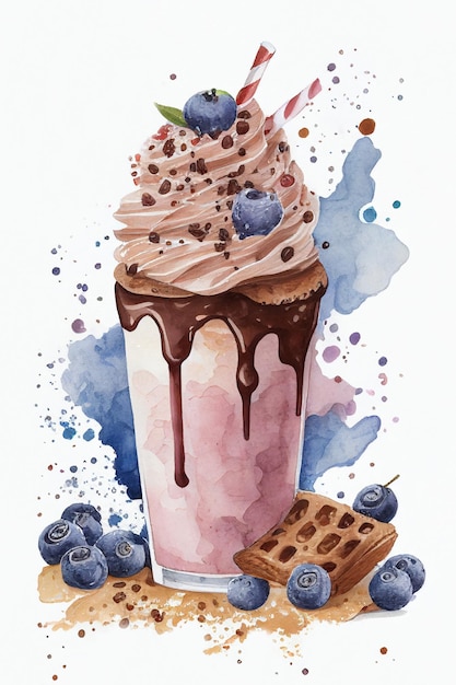 Watercolor milkshake on white background summer cocktail AI generative illustration