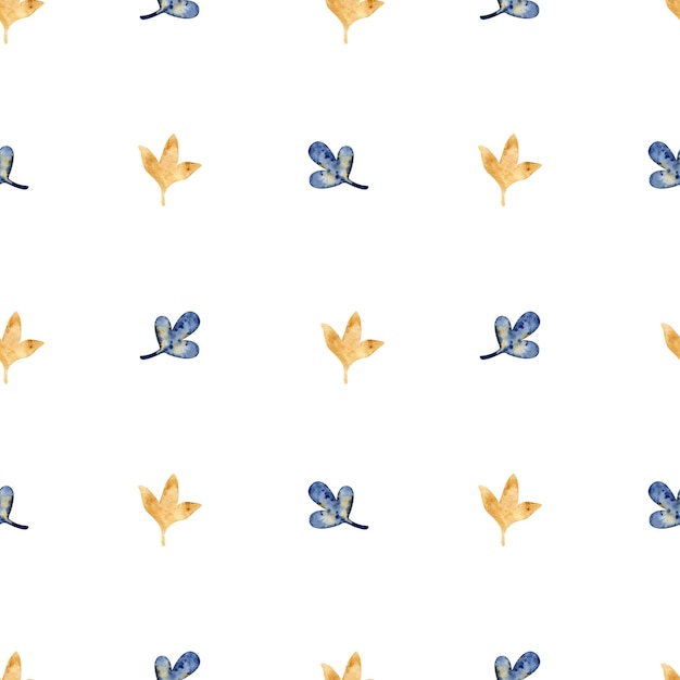 Watercolor minimalistic pattern with leaves branches hand drawn Yellow blue on a white backgroun