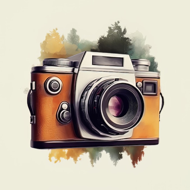 Watercolor Modern Camera Side Angle With Forest Trees National Photography Day Concept Ai Generated