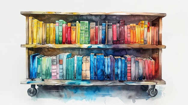 Watercolor Modern Library Cart with Bookshelf