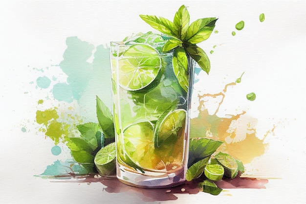 Watercolor mojito cocktail summer drink AI generative illustration