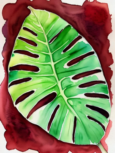 Watercolor Monstera Painting Reproduction Acrylic Green Leaves Illustration