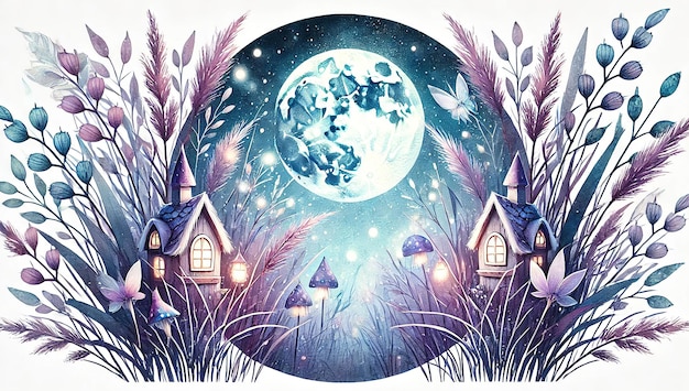 watercolor moonlit fairy garden with soft blue and purple hues