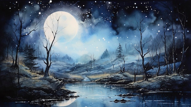 Watercolor Moonlit Night