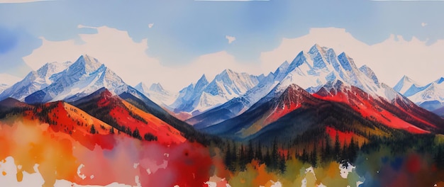 Watercolor mountain autumn landscape with snow on the peaks Panorama Generative AI